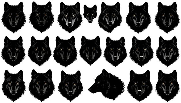 Collection of black wolf head illustrations, various angles, stylized with glowing yellow eyes on a white background