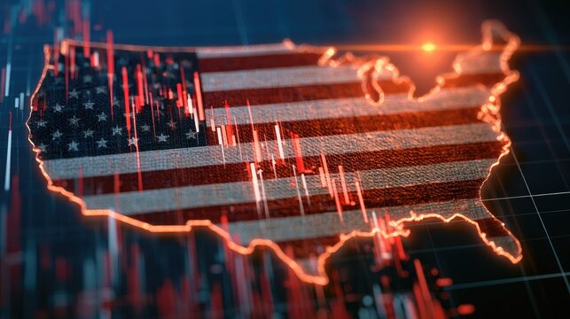 US map outline with American flag texture, overlaid with red stock market charts