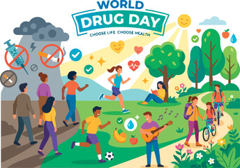Fototapeta premium World Drug Day flat vector illustration showing happy people choosing healthy activities such as sports