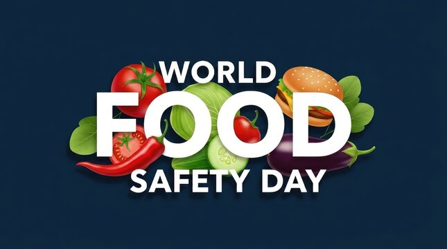 World Food Safety Day bold typography design on a dark navy background decorated with colorful raw vegetables