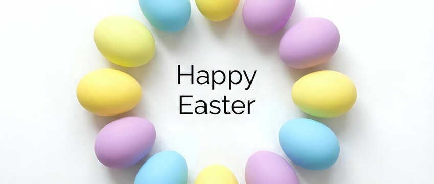 Pastel colored Easter eggs arranged in a circle wreath with Happy Easter text on white background, spring holiday greeting card.