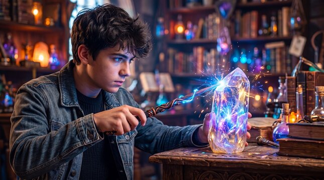 Teen boy wizard casting a spell with a wooden wand on a glowing magic crystal. Fantasy apprentice studying alchemy in a mysterious library. Concept of magic, mysticism, and sorcery