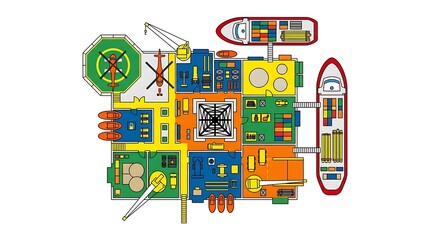Fototapeta premium Colorful abstract map of a port city with infrastructure and buildings