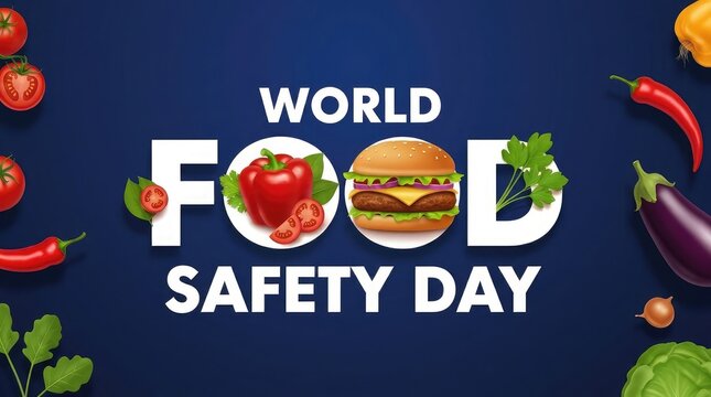 World Food Safety Day navy blue banner incorporating bold text typography with vector images of popular foods