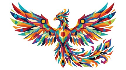 Obraz premium Colorful abstract phoenix illustration with stylized geometric feathers and vibrant rainbow palette