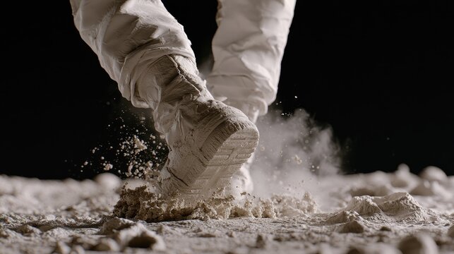 Boot presses into dusty surface, kicking up particles in low gravity
