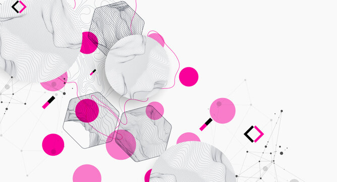 Science research visualization vector with structure models and purple elements. Wireframe art.