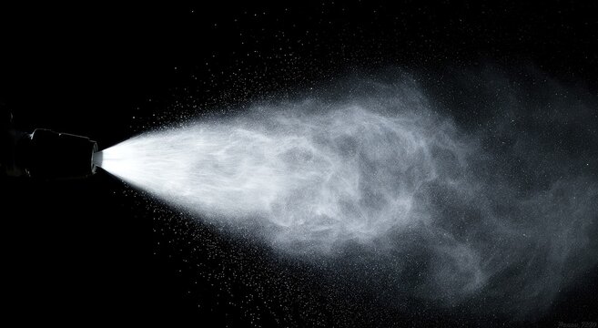 A jet of fine mist spray is illuminated against a black background