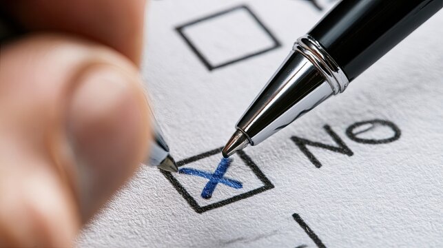 Hand marking an X on a "No" option in a survey or form with a pen