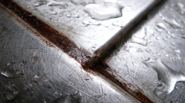 Textured metallic surface with water droplets and a dark, gritty line