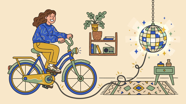 Woman riding bicycle in living room generates power for disco ball with vibrant scene