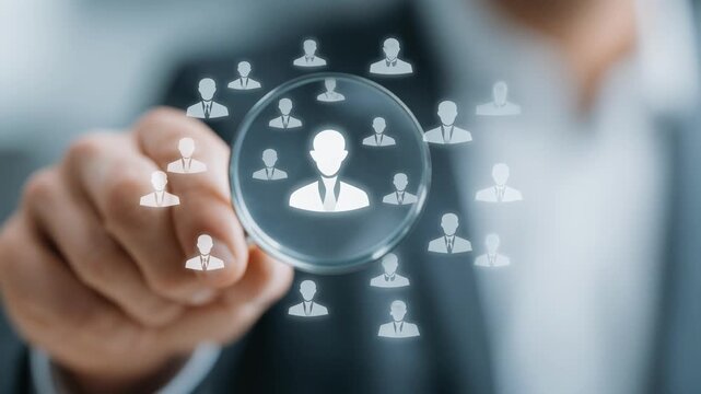 Businessman using magnifying glass to focus on professional profile in recruitment and hiring concept