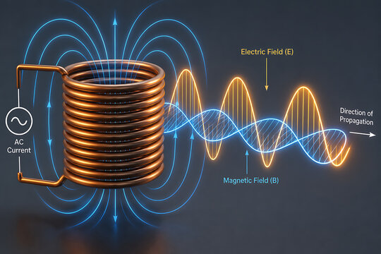 Electromagnetic coil with AC current and field lines | Physics illustration of electric and magnetic fields | Science diagram showing coil and waveform