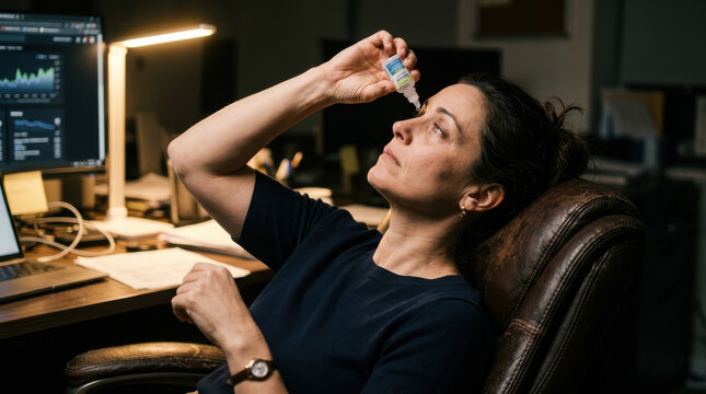 Eye drop woman office computer desk chair medication healthcare eye care tired