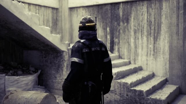 Firefighter descending concrete staircase into shadowed basement, cautious step toward rubble and collapsed structure, helmet light cutting through dust, tense