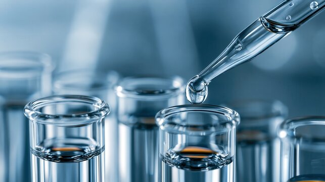 Close up shot of laboratory testing water sample with dropper and glass tubes.