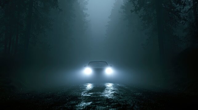 A car's headlights pierce through dense fog on a dark, wooded road