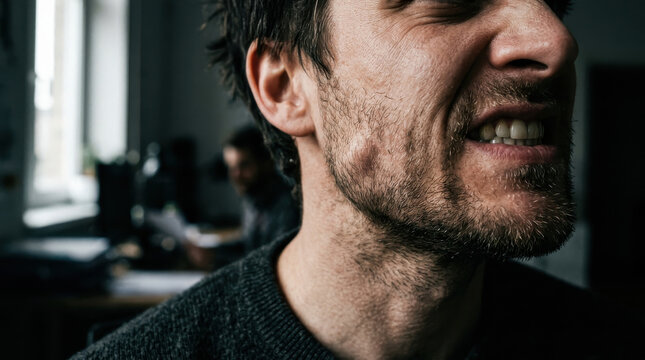 Frustrated employee clenched teeth stressed man anger office workplace Close up portrait of frustrated employee clenching teeth office workplace, stressed man showing anger and tension