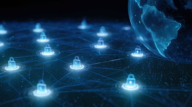 Glowing digital locks form a network connected to a blue planet
