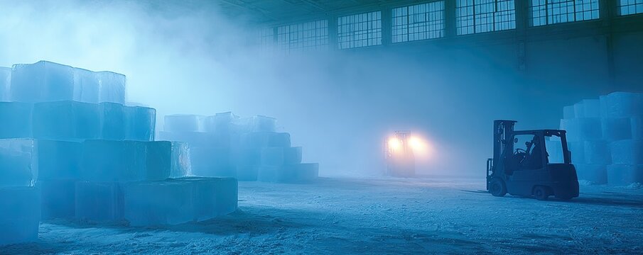 Forklift illuminates icy warehouse stacked with blocks of frozen water