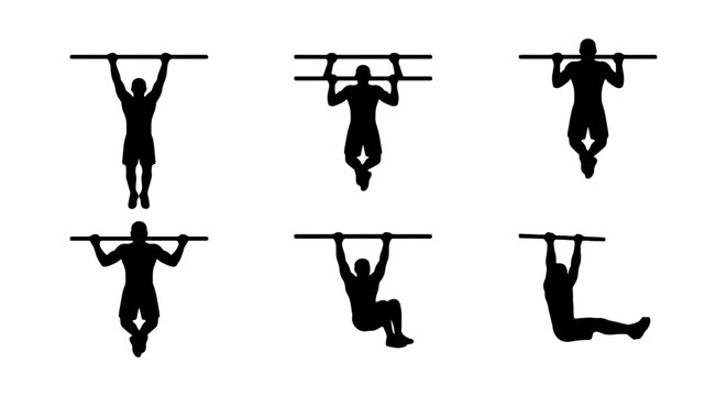 Pull Up Exercise Silhouettes, Fitness Routine Icons, Bodyweight Training Set