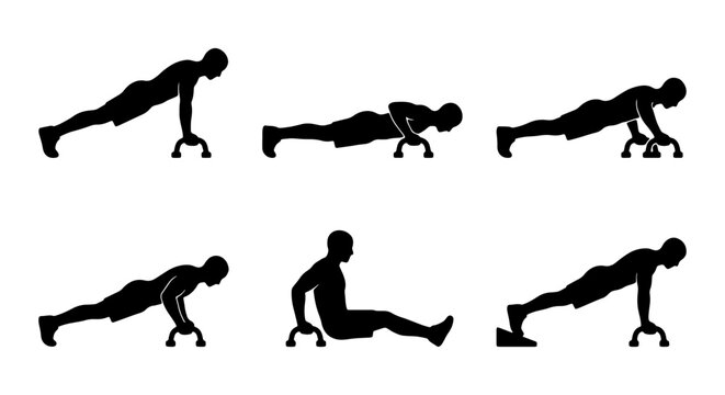 Fitness Exercise Silhouettes: Push-up, Dip, Workout Icons for Health and Training