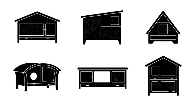Rabbit Hutch Icons, Pet Housing Vector Set, Animal Shelter Graphics, Small Animal Cages