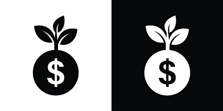 Financial investment icon set featuring a young plant sprout growing directly out of a dollar sign coin. High-contrast black and white vector graphics symbolizing business wealth and funding.