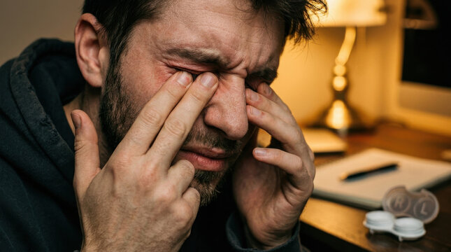 Tired man rubbing eye dry eye eye strain fatigue headache stress allergy insomnia computer adult male with beard rubbing dry eyes desk near computer, warm home office light, uncomfortable