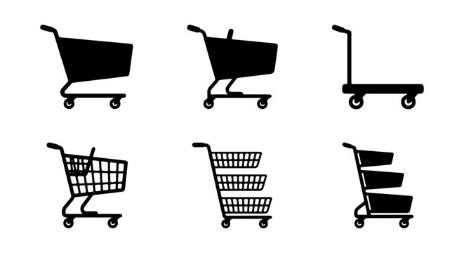 Shopping Cart Icons Set, Retail Trolley Collection, E-commerce Delivery Carts