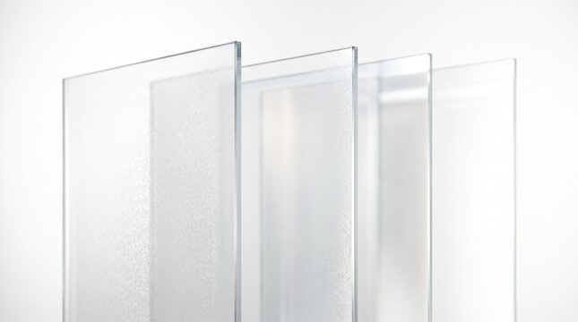 Stack of Clear and Frosted Acrylic Glass Sheets on White Background for Interior Design and Construction. Minimalist Industrial Material with Soft Studio Lighting and Modern Concept.