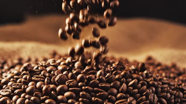 Roasted dark brown coffee beans falling in slow motion onto a textured burlap sack surface against a dark background, macro high-speed photography capturing grain and motion.