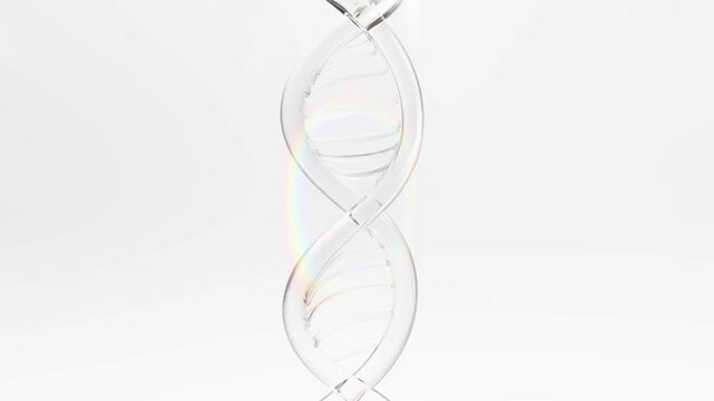 Rotating glass DNA double helix model on white background.