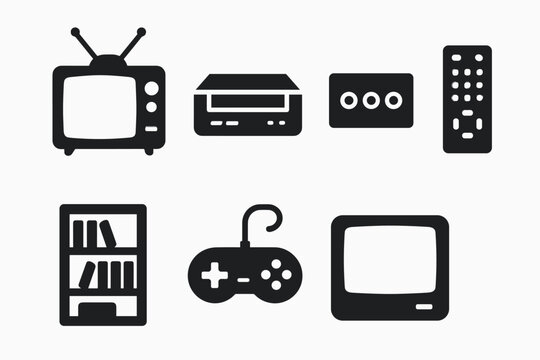 Vintage Gaming Icons. Old TV gaming setup. Filled icon set of old TV gaming setup: CRT TV, rabbit-ear antenna,