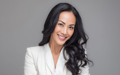 Fototapeta premium Elegant Asian executive woman smiling in professional studio portrait wearing a light blazer against clean neutral background suitable for corporate branding.