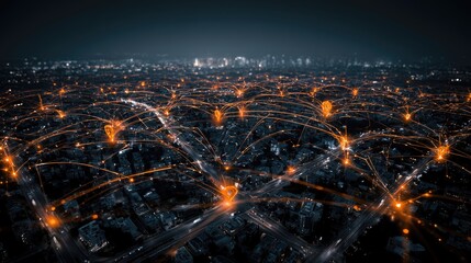 Obraz premium Aerial view of a glowing interconnected network overlaying a dark cityscape