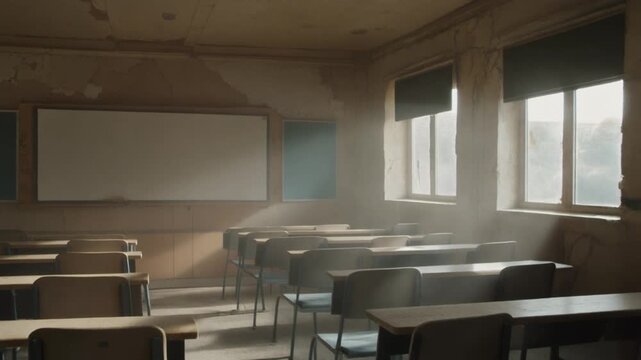 Empty Modern Classroom with Whiteboard and Desks.