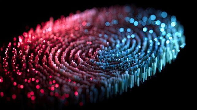 Abstract digital fingerprint with red and blue gradients on black