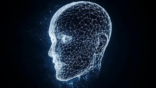 transparent wireframe face being scanned by glowing blue and white light particles