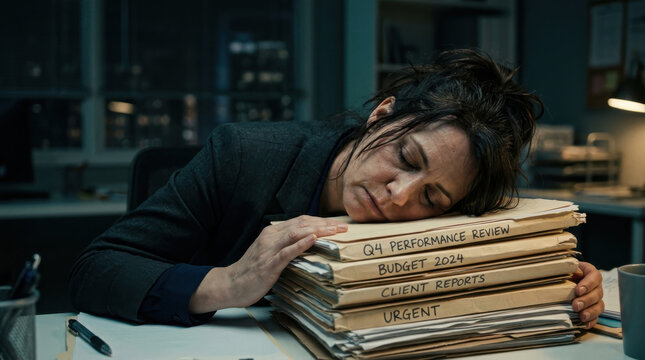 Burnout manager office paperwork folder stress exhausted workload deadline fatigue Tired manager resting head stack of folder paperwork office desk, overwhelmed by deadline workload and stress