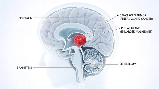Labeled 3D Medical Anatomy Diagram of Pineal Gland Cancer Malignant Tumor inside Human Brain with Cerebrum, Cerebellum and Brainstem Structure