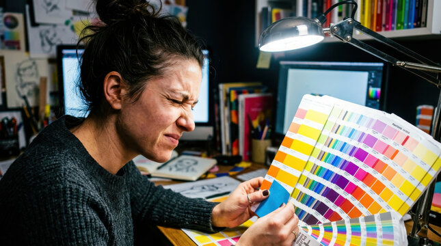 Woman color palette designer workspace computer lamp Creative professional holding color swatch book desk home office, squinting concentration while choosing print colors bright desk lamp near