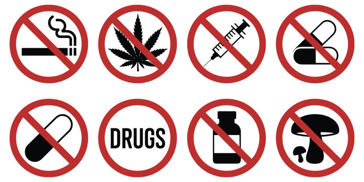 Drug prohibition pictogram set vector, strict warning icons featuring no smoking, no alcohol, no drugs, and no medication symbols with red circle slash stop signs for healthcare posters, public safety