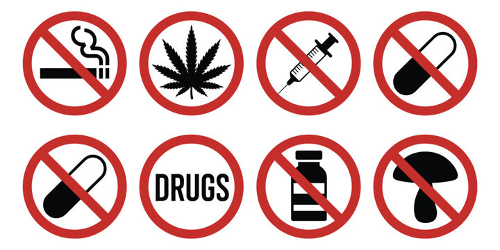 Drug prohibition pictogram set vector, no smoking no alcohol no pills warning symbols with red stop sign icons for public health awareness campaigns, safety signage, and educational materials.