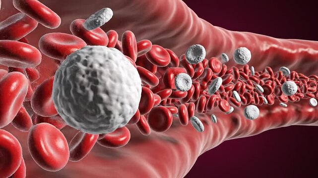 3D animation of red blood cells flowing smoothly through a curved artery, with white cells and platelets on a dark crimson background.