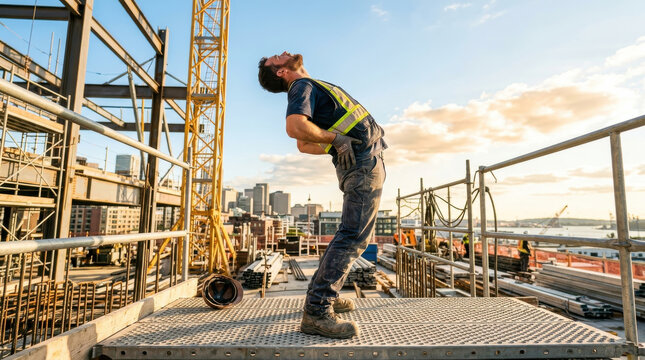 Construction worker back pain safety vest building site scaffold crane sunlight fatigue injury prevention manual labor, construction worker safety vest arching back with back pain scaffold