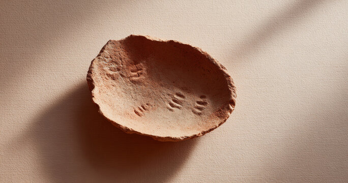 Ancient clay bowl with handprints