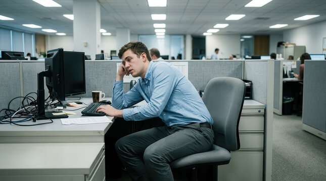 Young worker slouched chair office cubicle computer tired burnout fatigue Young worker slouched chair office cubicle desk, leaning hand beside computer monitor and keyboard, weary expression