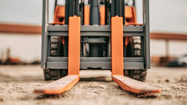 Close-up of industrial forklift's orange tines on sandy ground