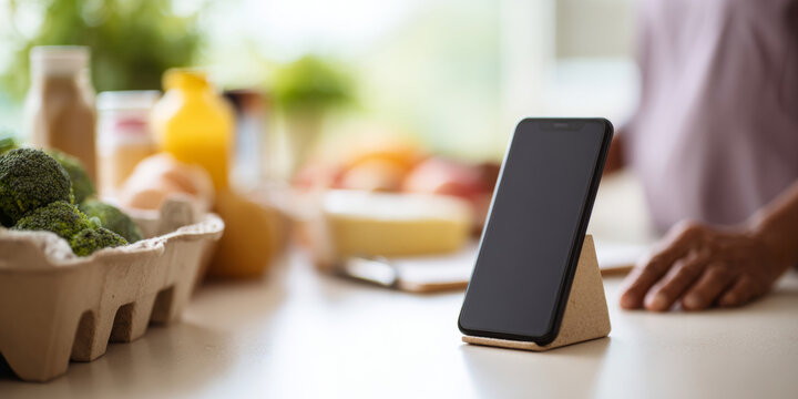 Smartphone on stand in kitchen setting
